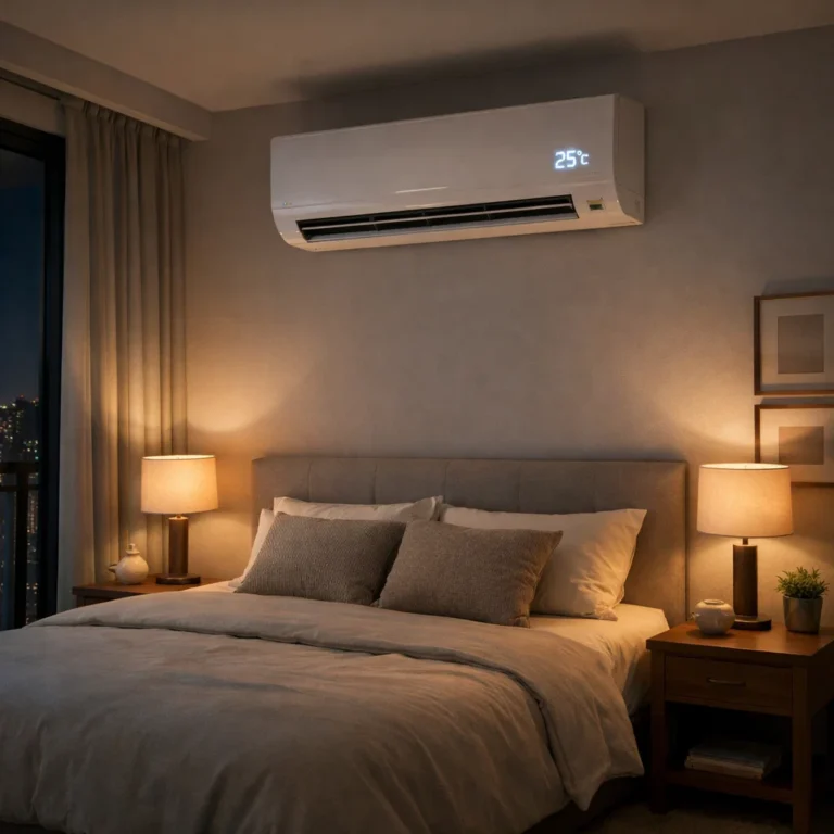 Balanced bedroom cooling setup designed for deeper sleep comfort and energy efficiency