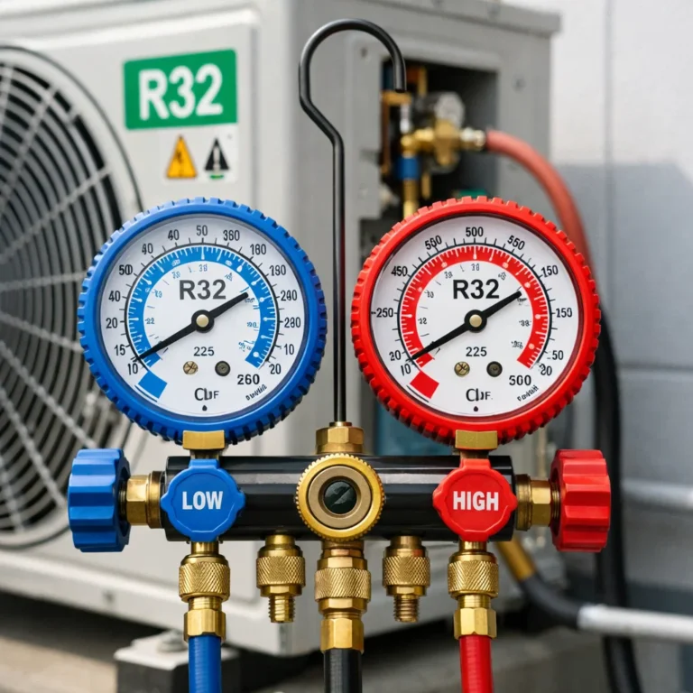 Manifold gauge readings used to evaluate R32 refrigerant pressure safely and accurately