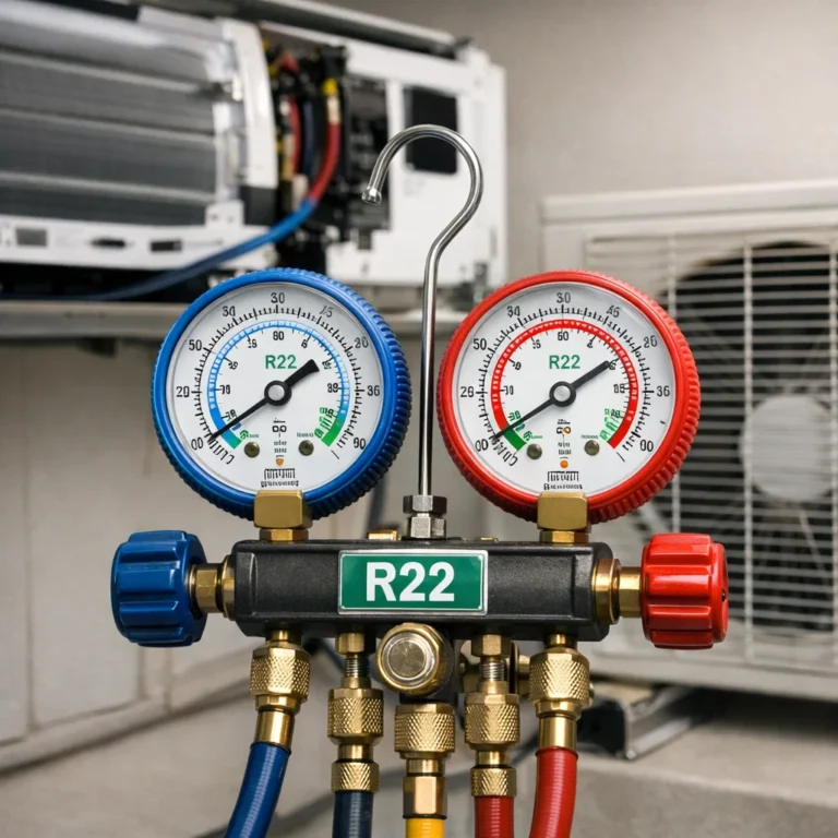 Pressure gauge reading used to diagnose R22 refrigerant performance safely and accurately