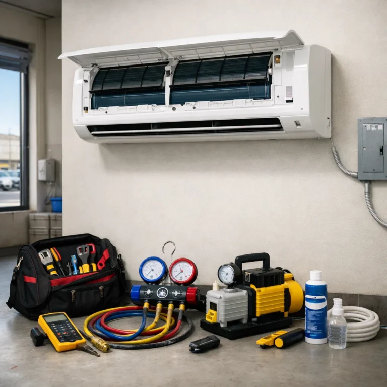 Professional AC repair inspection in Mussafah focused on performance safety and long-term reliability