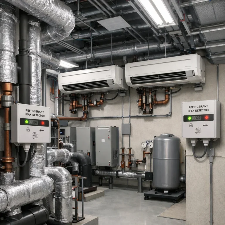 Refrigerant leak alarm system installed to monitor gas safety and code compliance