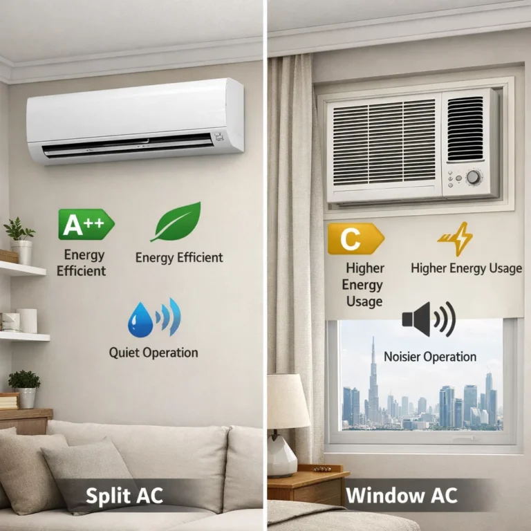 Side-by-side comparison of split AC and window AC power consumption and efficiency