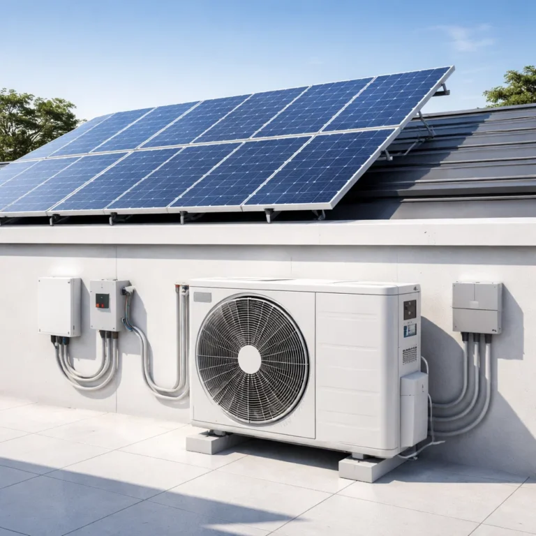 Solar powered air conditioning system designed for energy efficiency and reduced electricity use