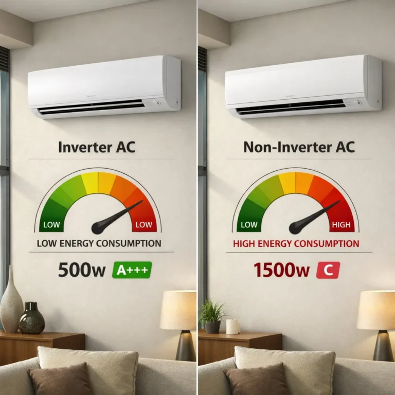 Visual comparison of inverter and non-inverter split AC power consumption and efficiency