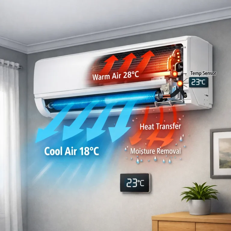 Visual explanation of how air conditioner temperature is controlled and maintained indoors