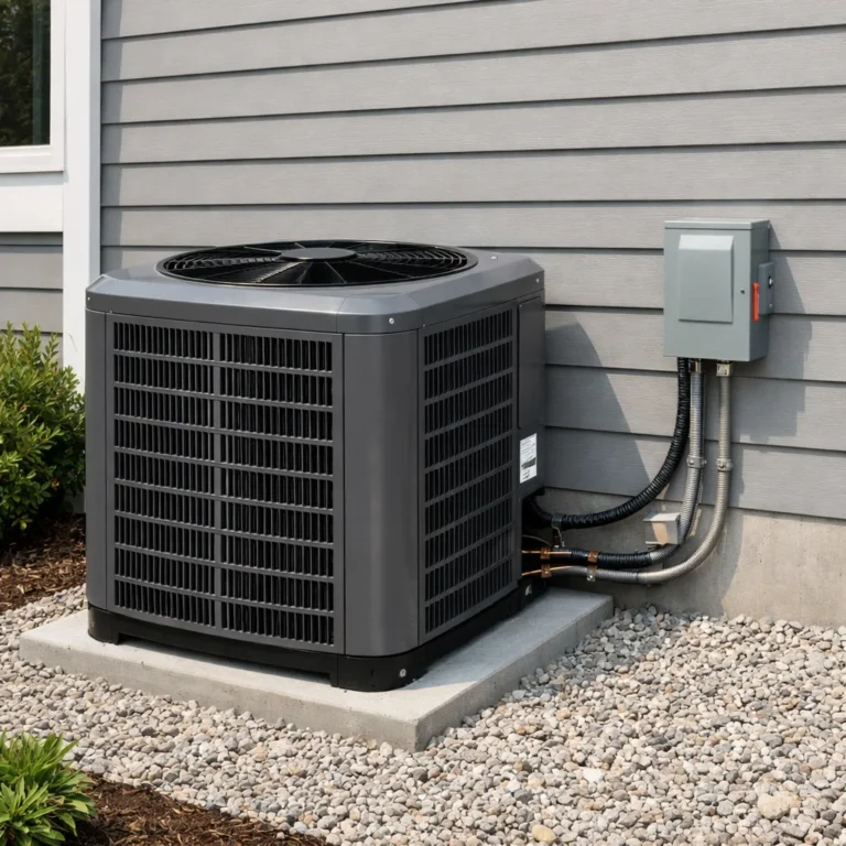 2.5 ton AC condenser installed with proper airflow clearance and electrical setup