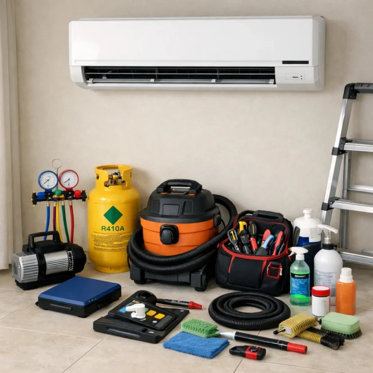 AC cleaning preparation showing tools and equipment for professional internal unit service
