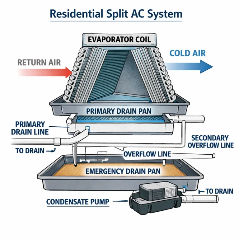 AC drainage system components and common water leak points explained visually