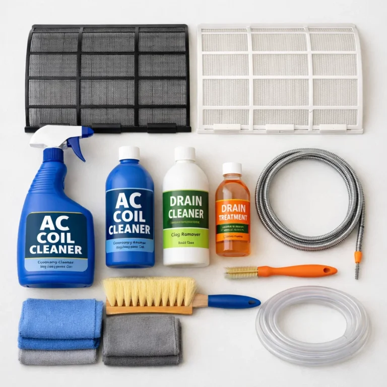 AC maintenance kit components prepared for safe and basic DIY air conditioner care