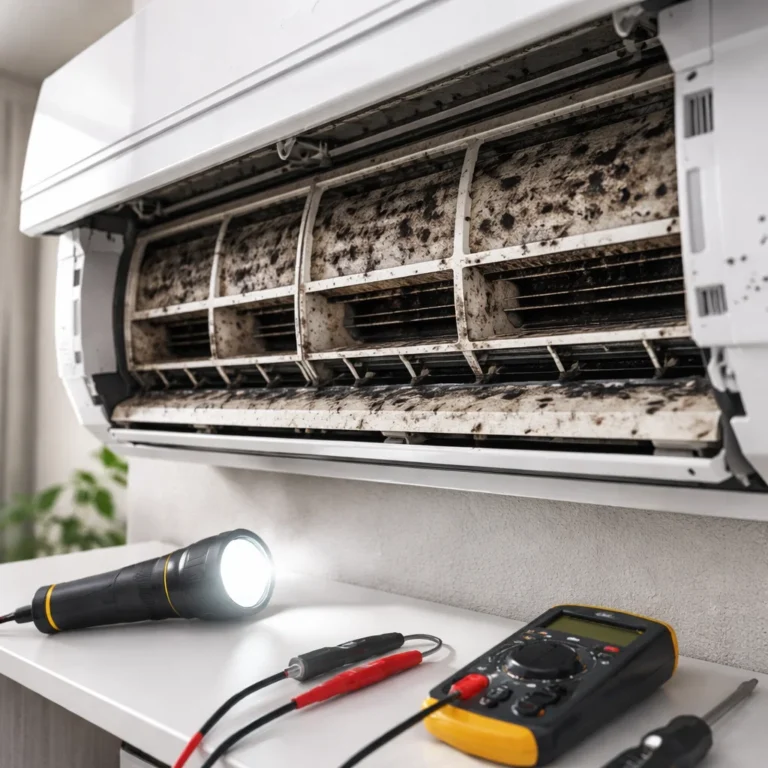 AC mould identification and inspection inside a residential air conditioning unit