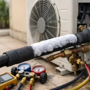 AC system inspection showing frost on refrigerant line and outdoor unit for cooling diagnosis
