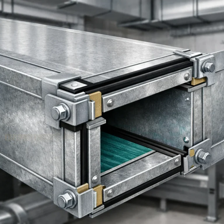 Air duct flange joint showing proper sealing alignment and structural support