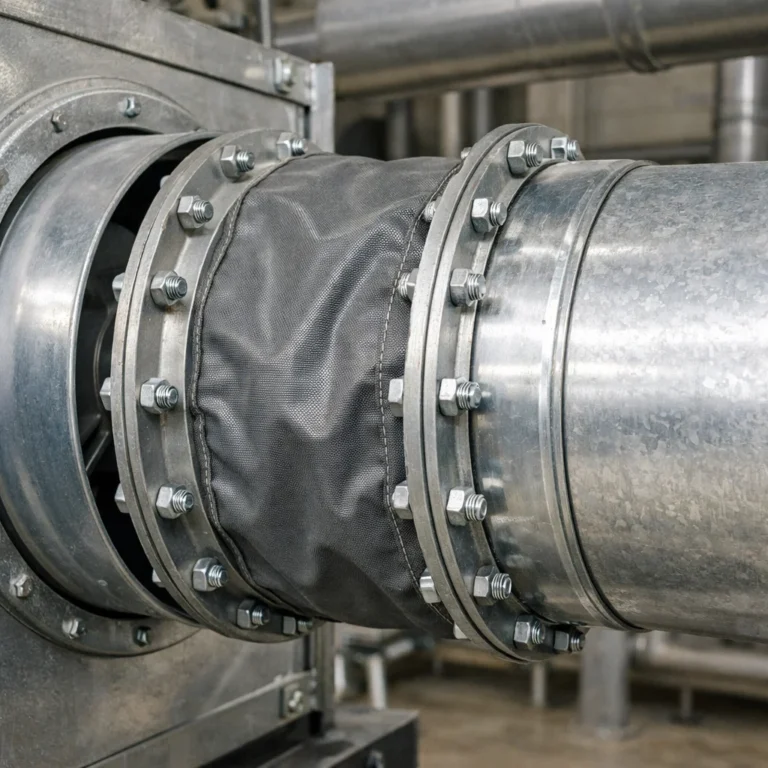 Air duct flexible connector installed to reduce vibration and noise in HVAC systems