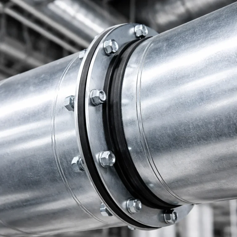 Air duct gasket installed between duct flanges to improve sealing efficiency and reduce air leakage