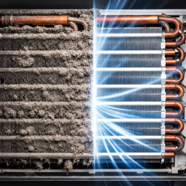 Before and after AC coil cleaning showing restored airflow and cleaner heat transfer surface