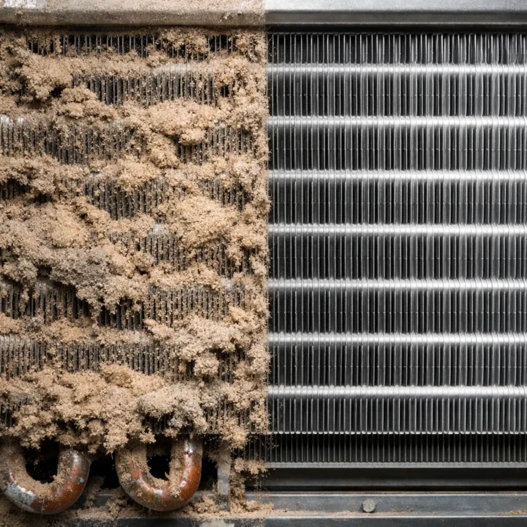 Before-and-after view of AC coil contamination caused by Dubai desert dust and humidity buildup