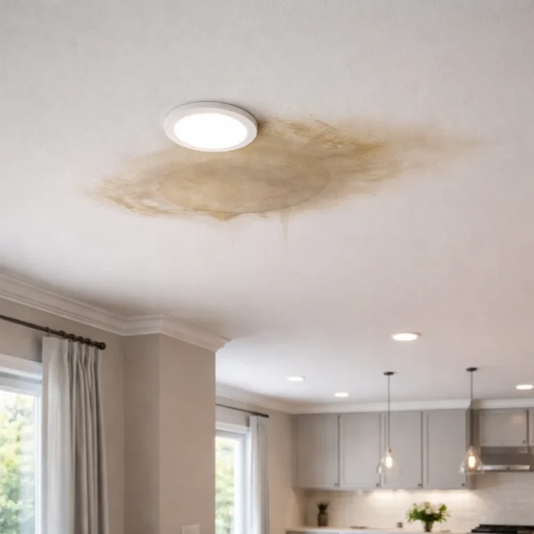 Ceiling water leakage showing early stain and bulging area requiring immediate inspection