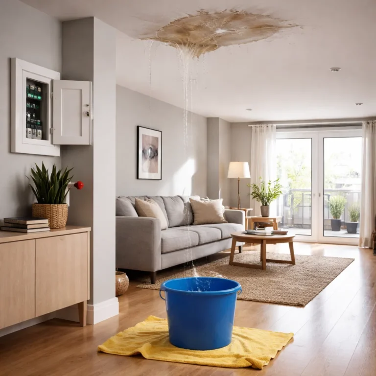 Ceiling water leakage with visible stain and emergency containment setup