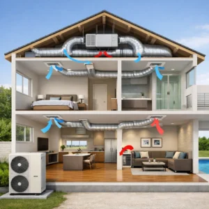 Centralised ducted AC system layout showing condenser air handler and hidden duct network
