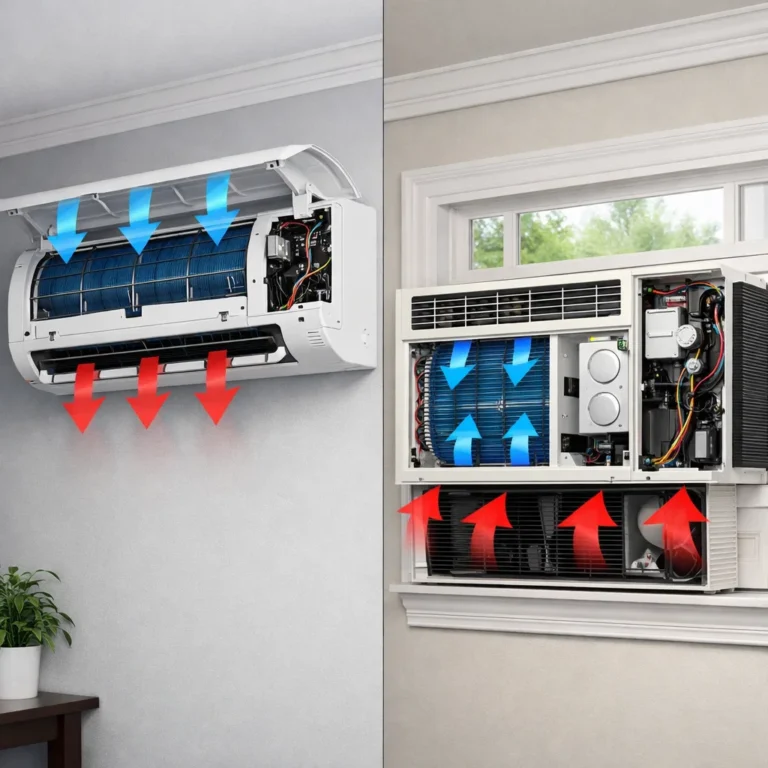 Clear visual comparison showing maintenance differences between split AC and window AC systems