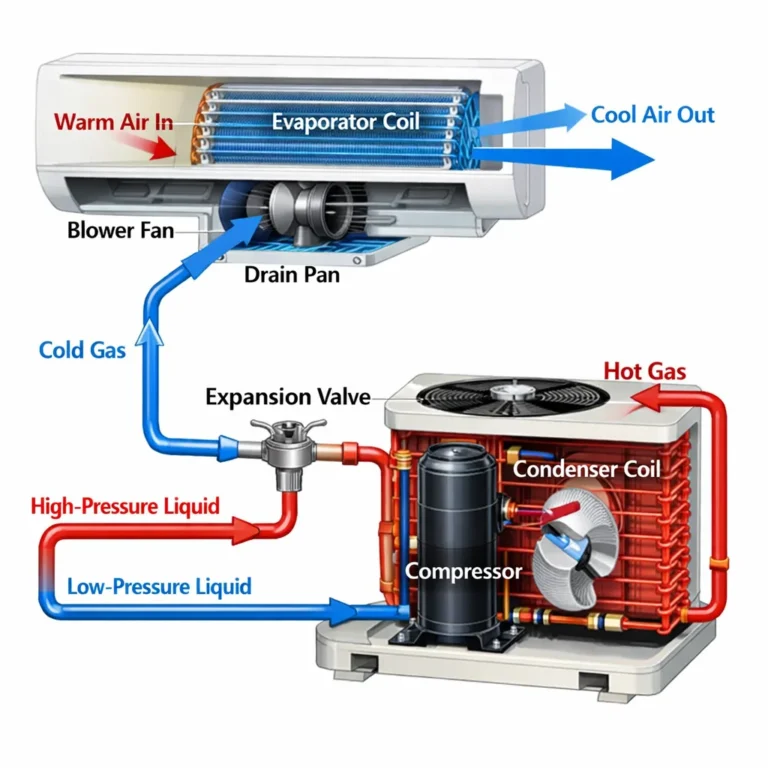 Clear visual diagram explaining cold side and hot side of an AC system with refrigerant flow and heat transfer process