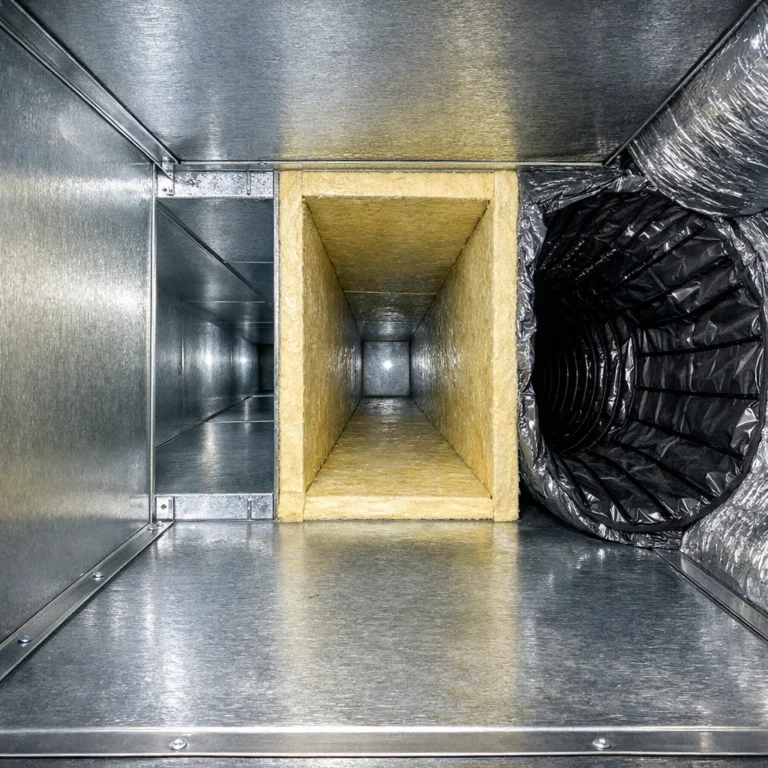 Close-up HVAC duct inspection highlighting mold assessment and material-specific handling