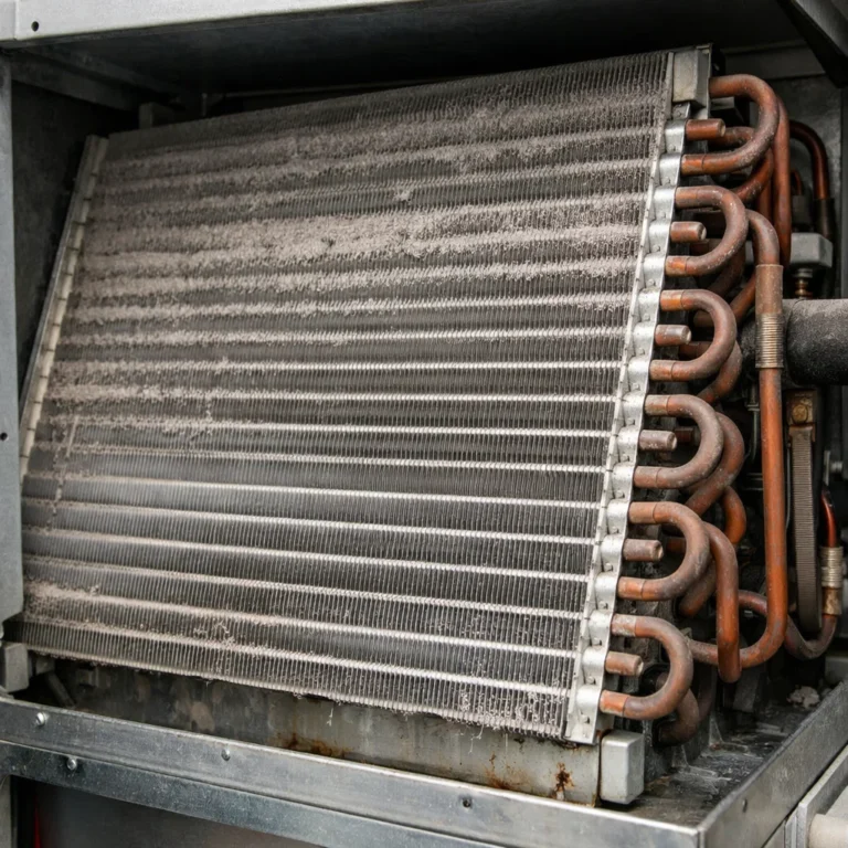 Close-up view of an indoor AC evaporator coil showing dust buildup that affects cooling efficiency