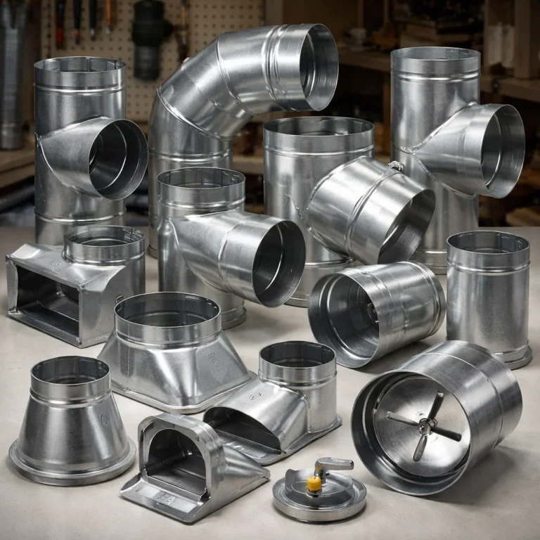 Common air duct fittings used to control airflow direction distribution and efficiency in HVAC systems