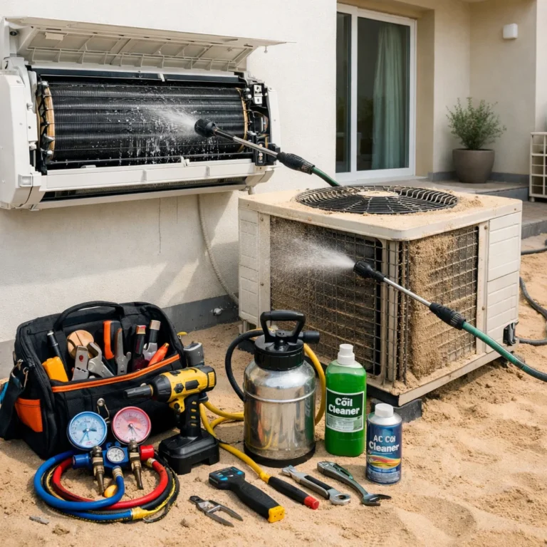Comprehensive AC servicing in UAE climate focusing on sand removal coil cleaning and system diagnostics