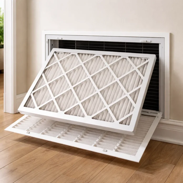 Correct AC filter installation showing proper airflow direction and clean intake for better indoor air quality