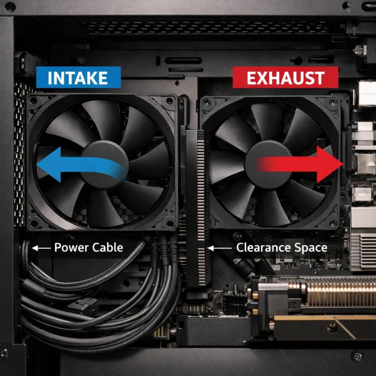 Correct cooling fan installation with proper airflow direction and cable management