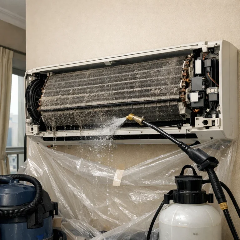 Detailed evaporator coil cleaning to remove desert dust sludge and restore cooling efficiency