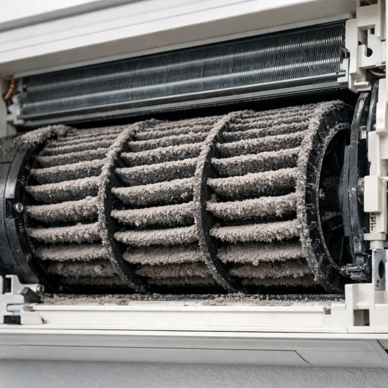 Dirty AC blower wheel with visible dust accumulation affecting airflow and system efficiency
