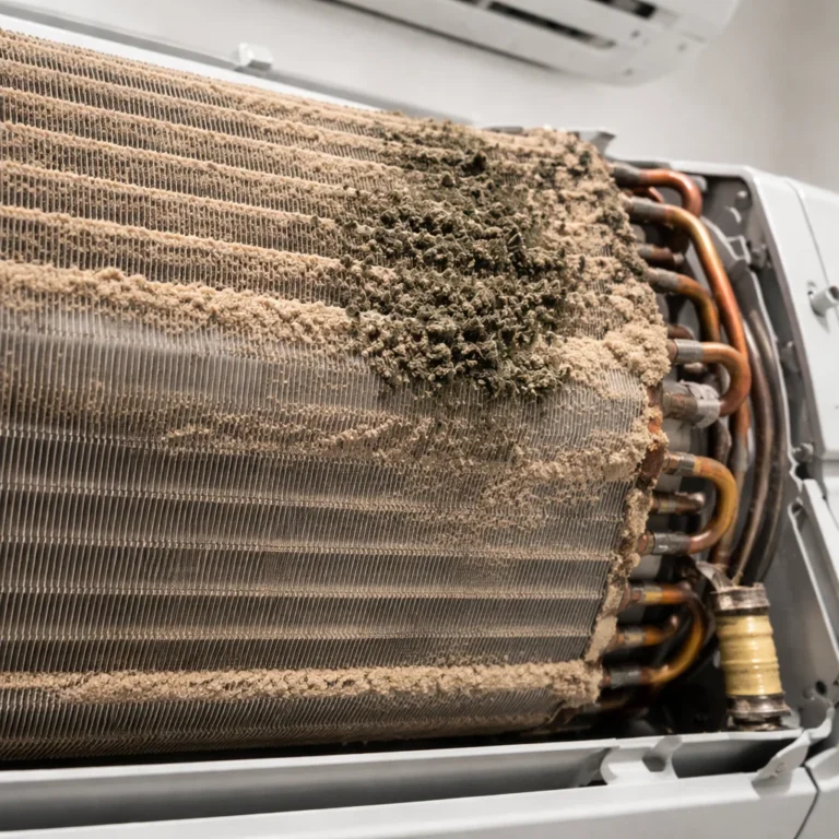 Dirty evaporator coil affected by desert dust and humidity buildup