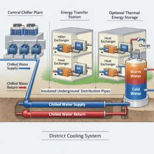 District cooling system diagram showing central plant distribution network and building energy transfer station