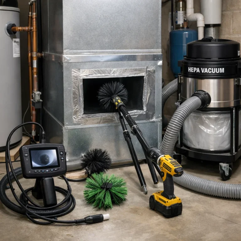 Duct cleaning tools arranged for inspection cleaning and air quality control