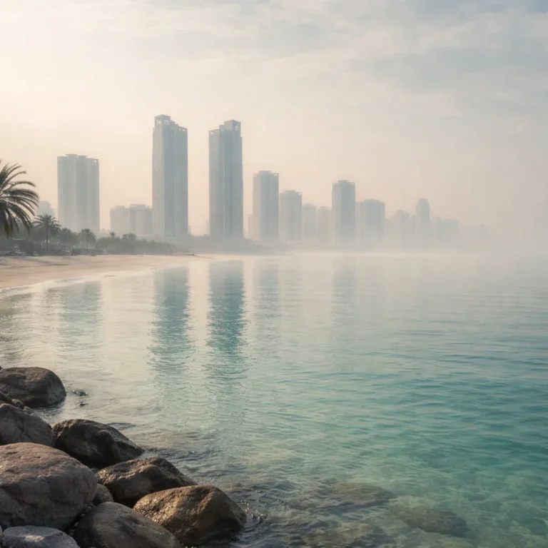 Humid coastal morning in Ras Al Khaimah with light haze and reduced visibility