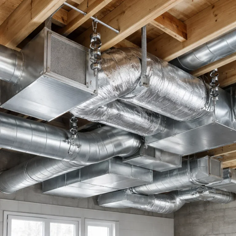 Illustration of HVAC duct noise control using proper airflow design insulation and vibration isolation