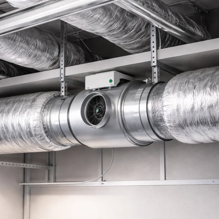 Inline air duct fan installed in HVAC ducting for quiet airflow and ventilation control