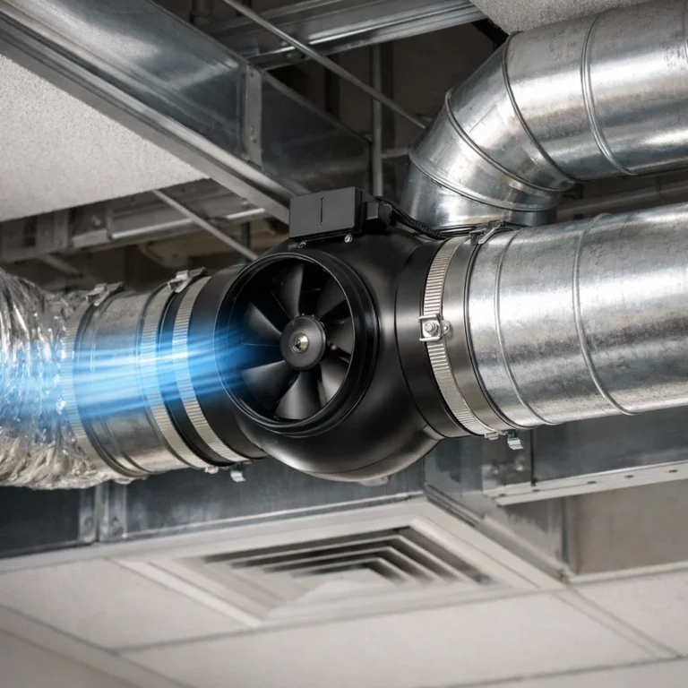 Inline duct fan installed to improve airflow balance and ventilation efficiency