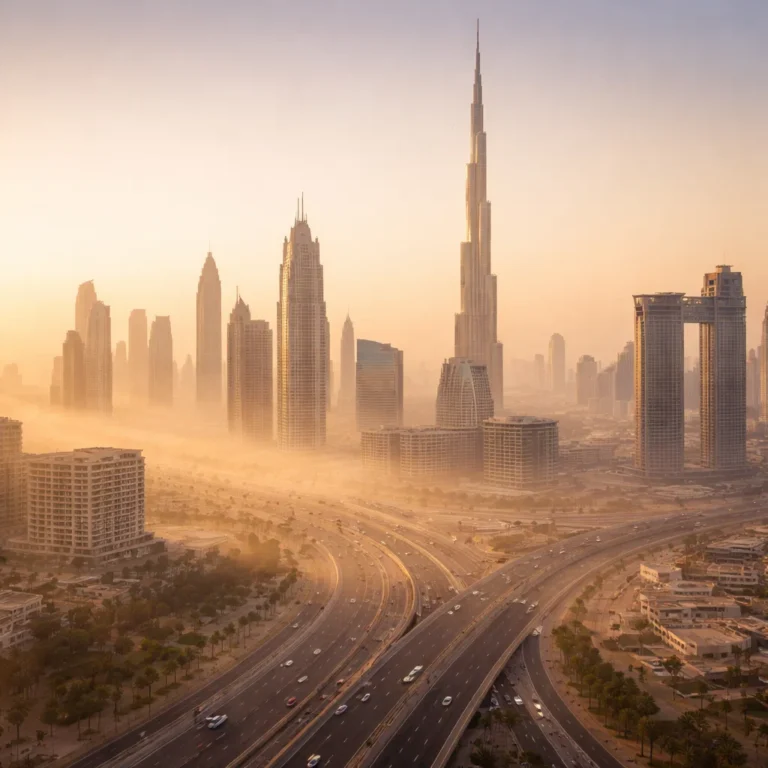 Morning humidity and light fog conditions affecting visibility and comfort in Dubai