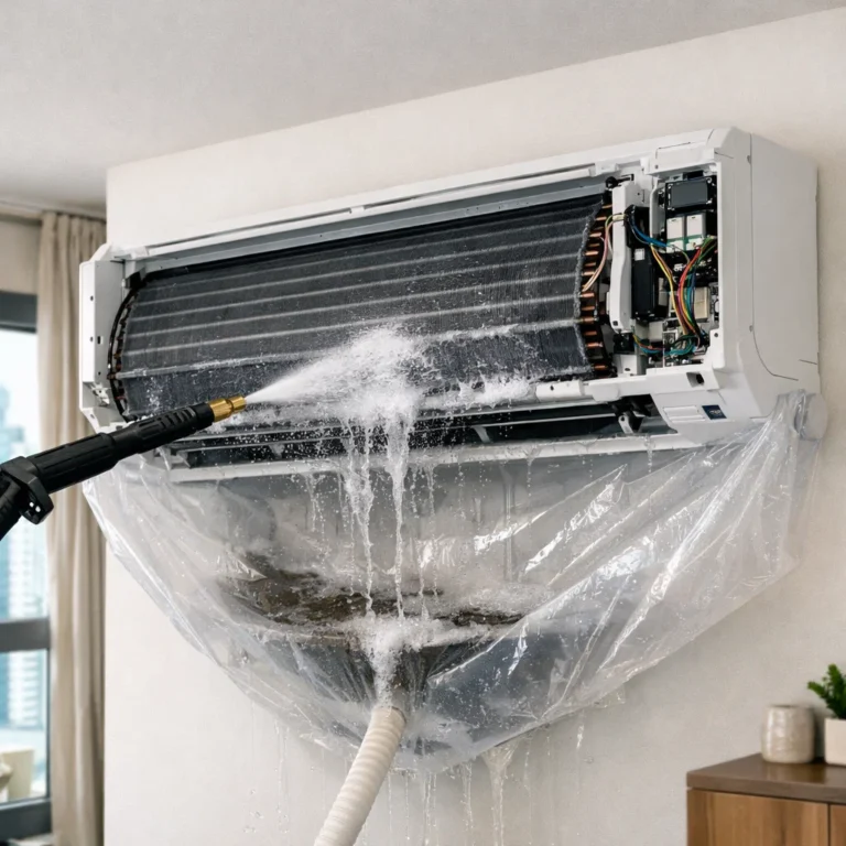 Professional AC cleaning process focused on restoring airflow efficiency and indoor air quality