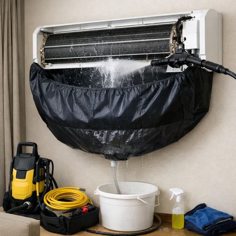 Professional AC deep cleaning process to remove sand buildup improve airflow and protect indoor air quality