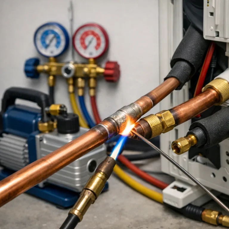 Professional AC line fitting process ensuring leak-free connection system safety and long-term performance
