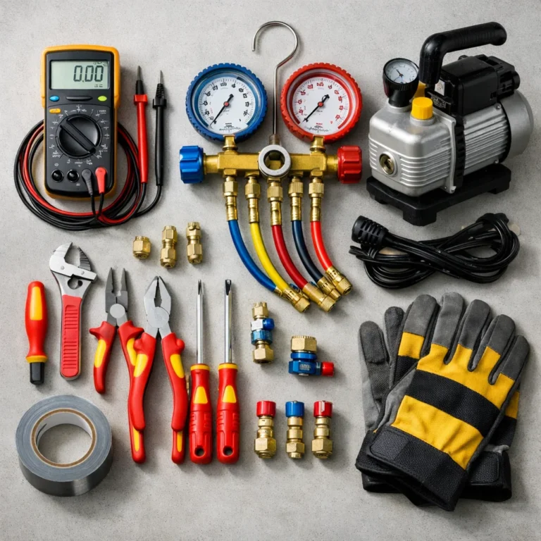 Professional AC technician tools organized for accurate diagnostics and safe HVAC work