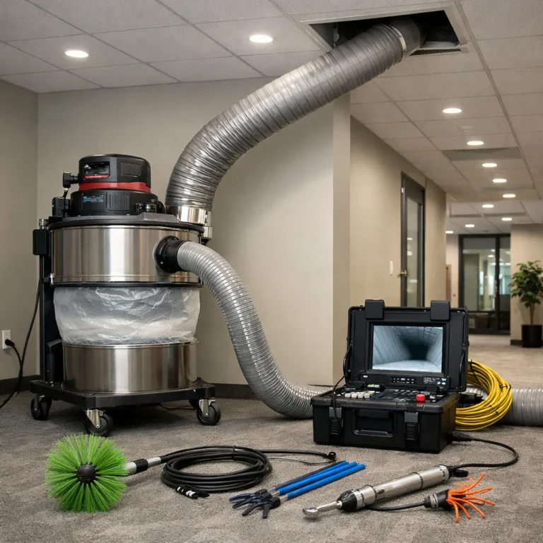 Professional duct cleaning equipment setup demonstrating proper negative-pressure cleaning and verification