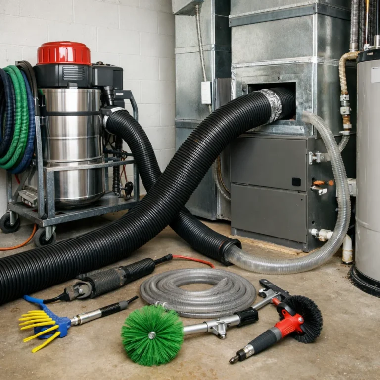 Professional duct cleaning using negative pressure and agitation tools for thorough debris removal