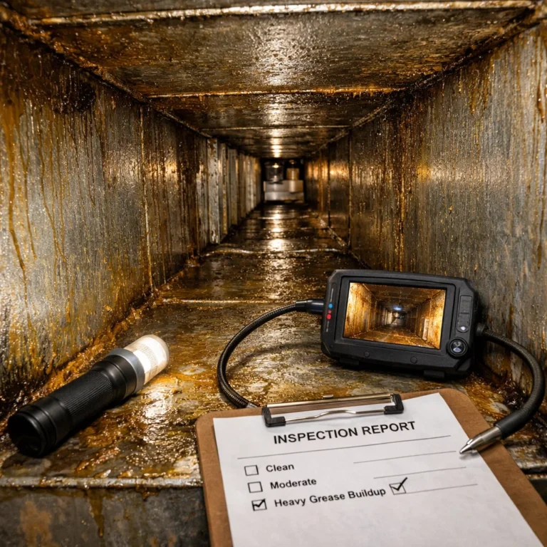 Professional kitchen duct inspection highlighting grease buildup and fire risk
