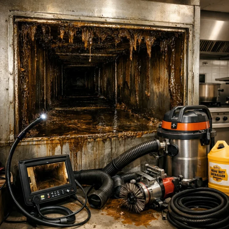 Professional kitchen duct inspection showing grease buildup before certified cleaning