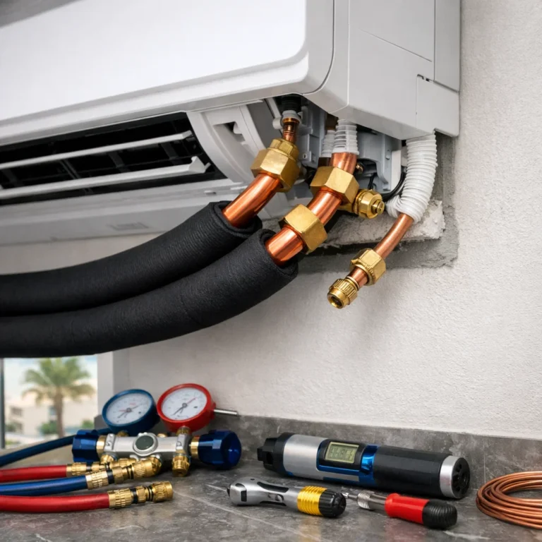 Proper AC fitting and pipe connection to ensure leak-free installation and long-term system reliability